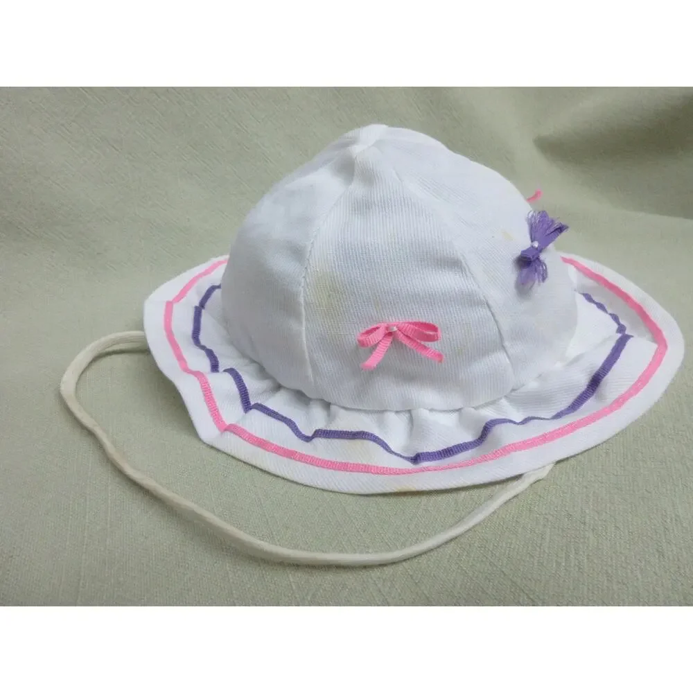 Vintage Beach Baby Bucket Retro Sun Hat- White w/ Pink & Purple Ribbons & Bows